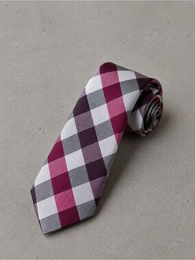 George Plaid Tie – Burgundy Pink Gray Check Pattern Neck Tie